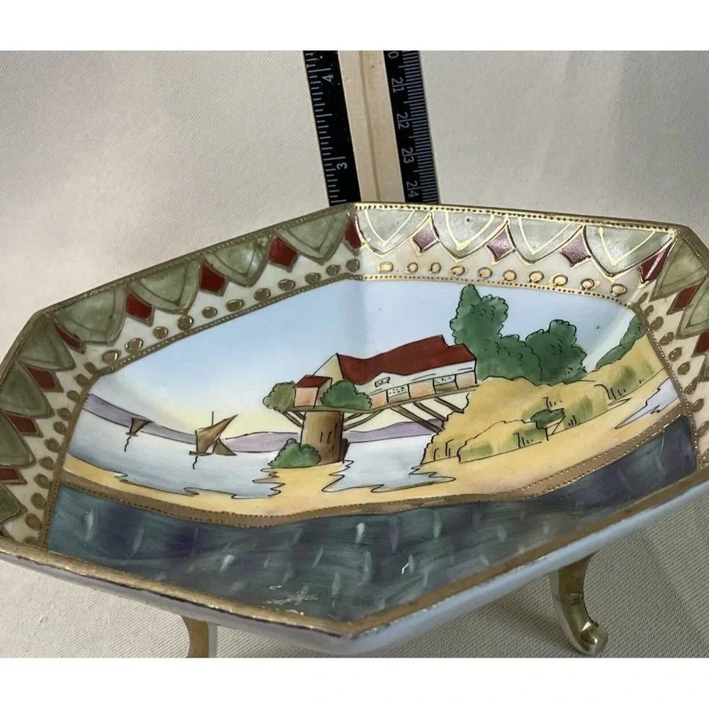 Imperial Nippon Hand Painted Footed Candy Dish Hexagon Water Scene READ‎ 7” VTG